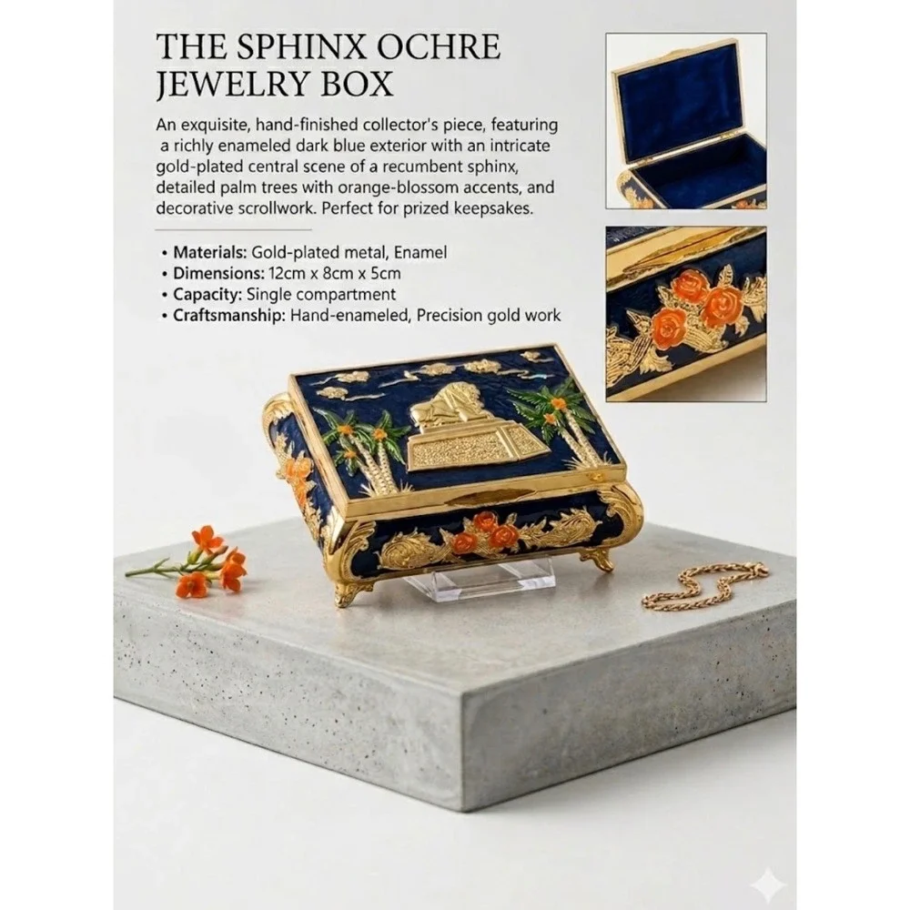 Lion of Babylon Iraq‎ Sphinx Ochre Jewelry Box Enameled Gold Plated Trinket Case